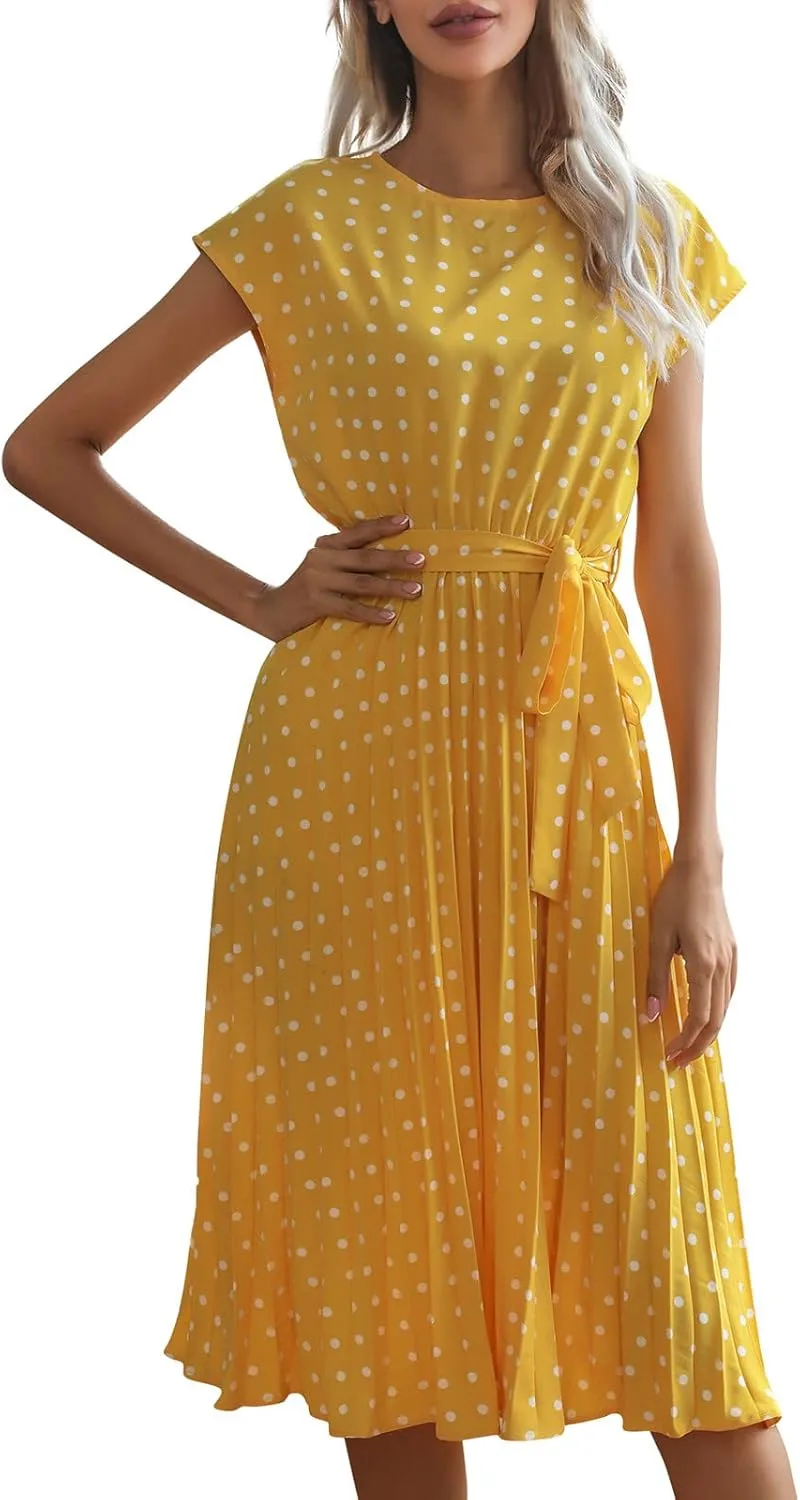 Womens Short Sleeve Midi Dresses Spring Casual Crew Neck Belted Pleated A Line Flowy Wedding Guest Party Dress