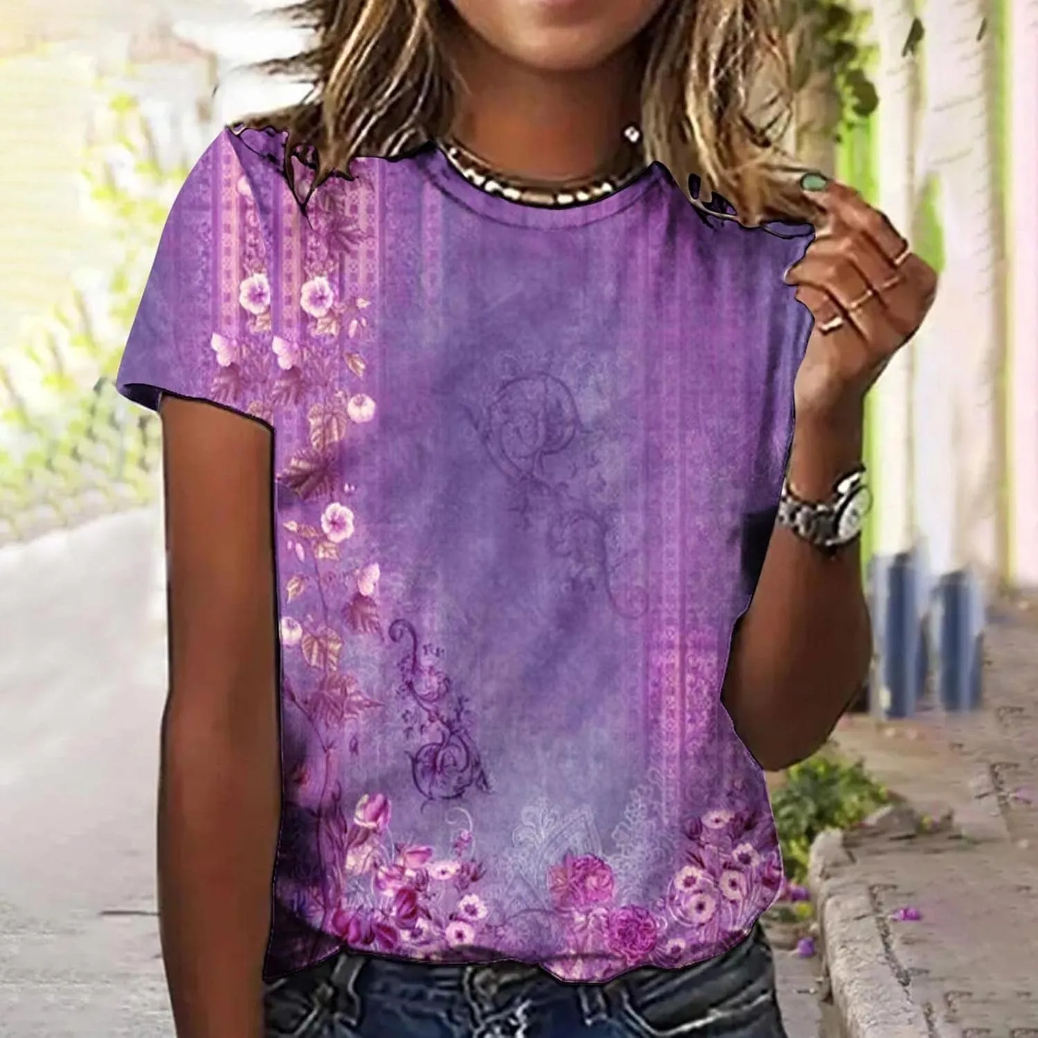 Womens Short Sleeve Tops Casual Fashion Blouse Tees Round Neck Printed Pullover 2025 Summer Plus Size T Shirt