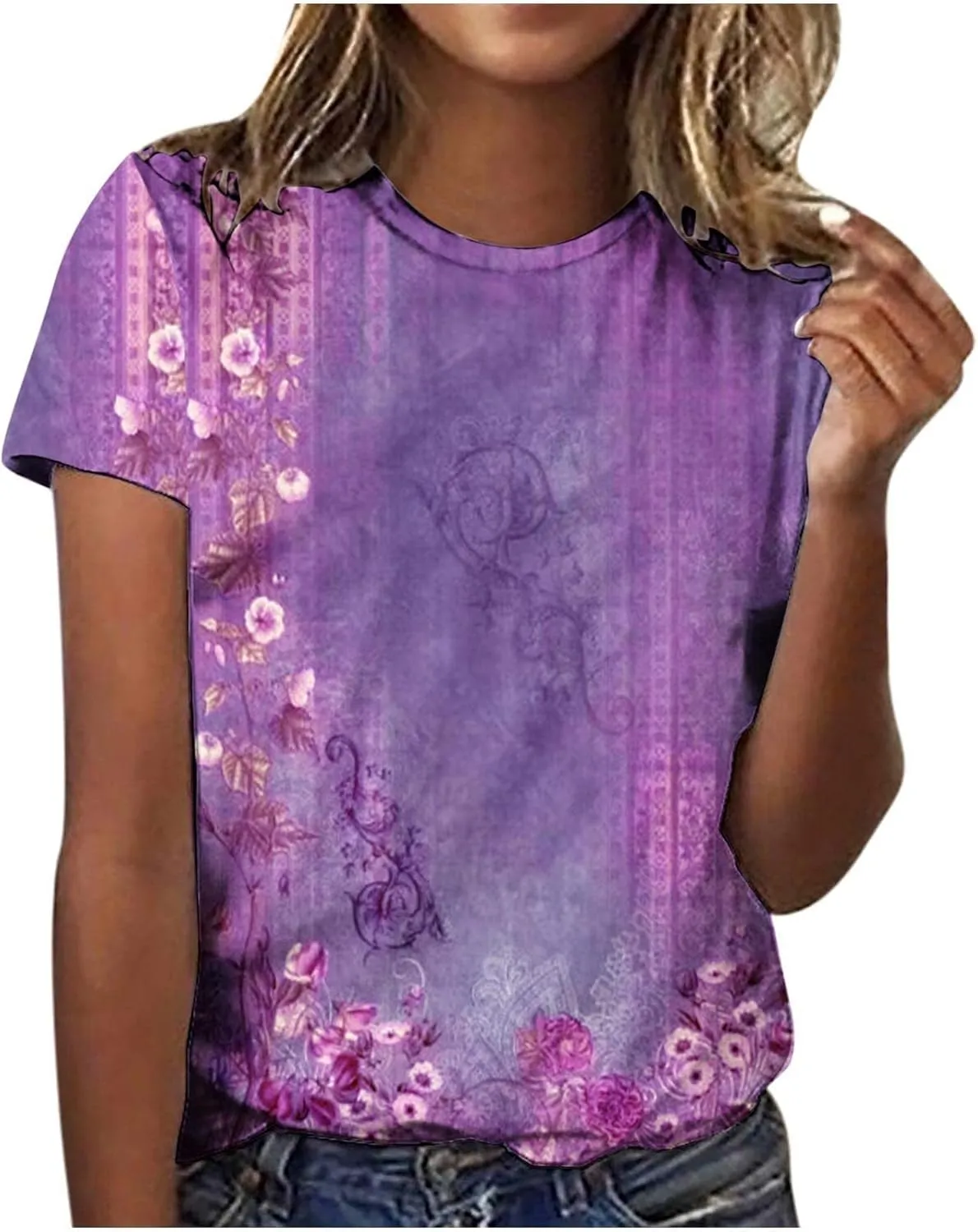 Womens Short Sleeve Tops Casual Fashion Blouse Tees Round Neck Printed Pullover 2025 Summer Plus Size T Shirt