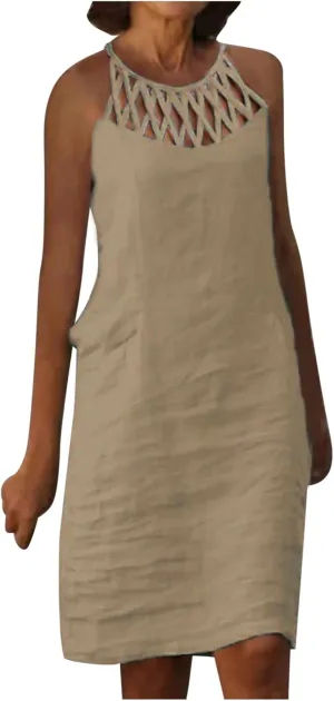 Womens Sleeveless Linen Dresses Halter Neck Summer Dress Casual Midi Sundress Trendy Beach Vacation Outfits
