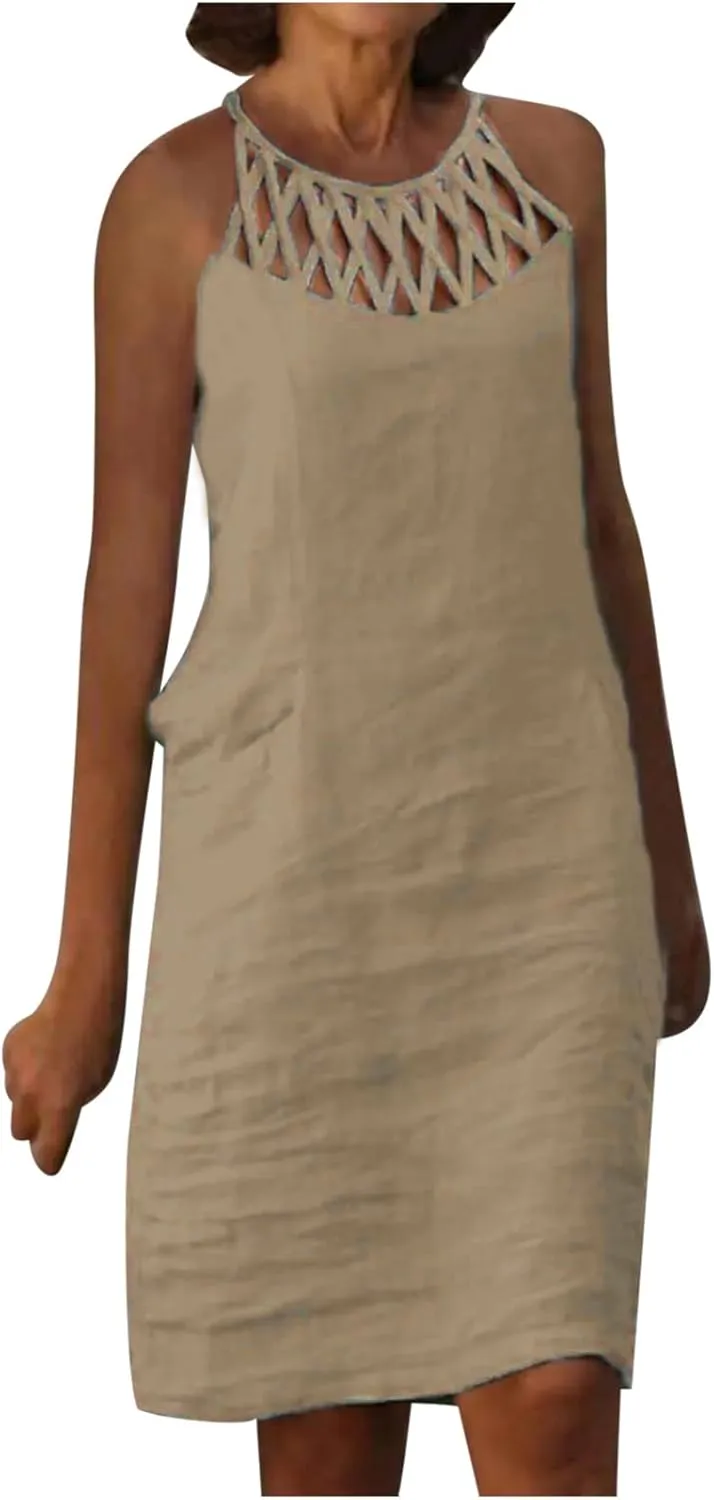 Womens Sleeveless Linen Dresses Halter Neck Summer Dress Casual Midi Sundress Trendy Beach Vacation Outfits