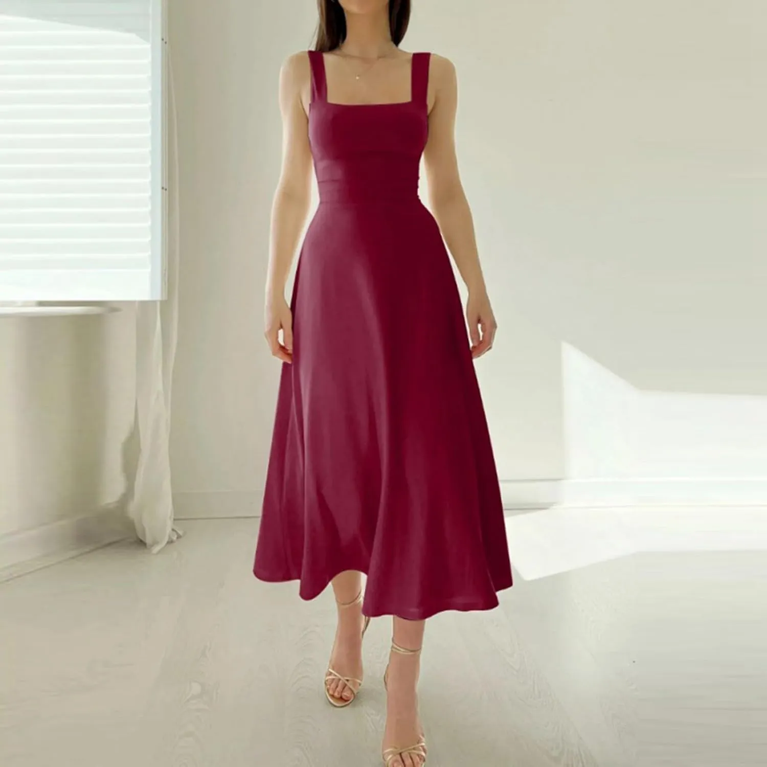 Womens Sleeveless V Neck Dress with Pocket Summer Beach Midi Flared Tank Dress Flowy Long Dress Beach Swing Party Maxi Dress
