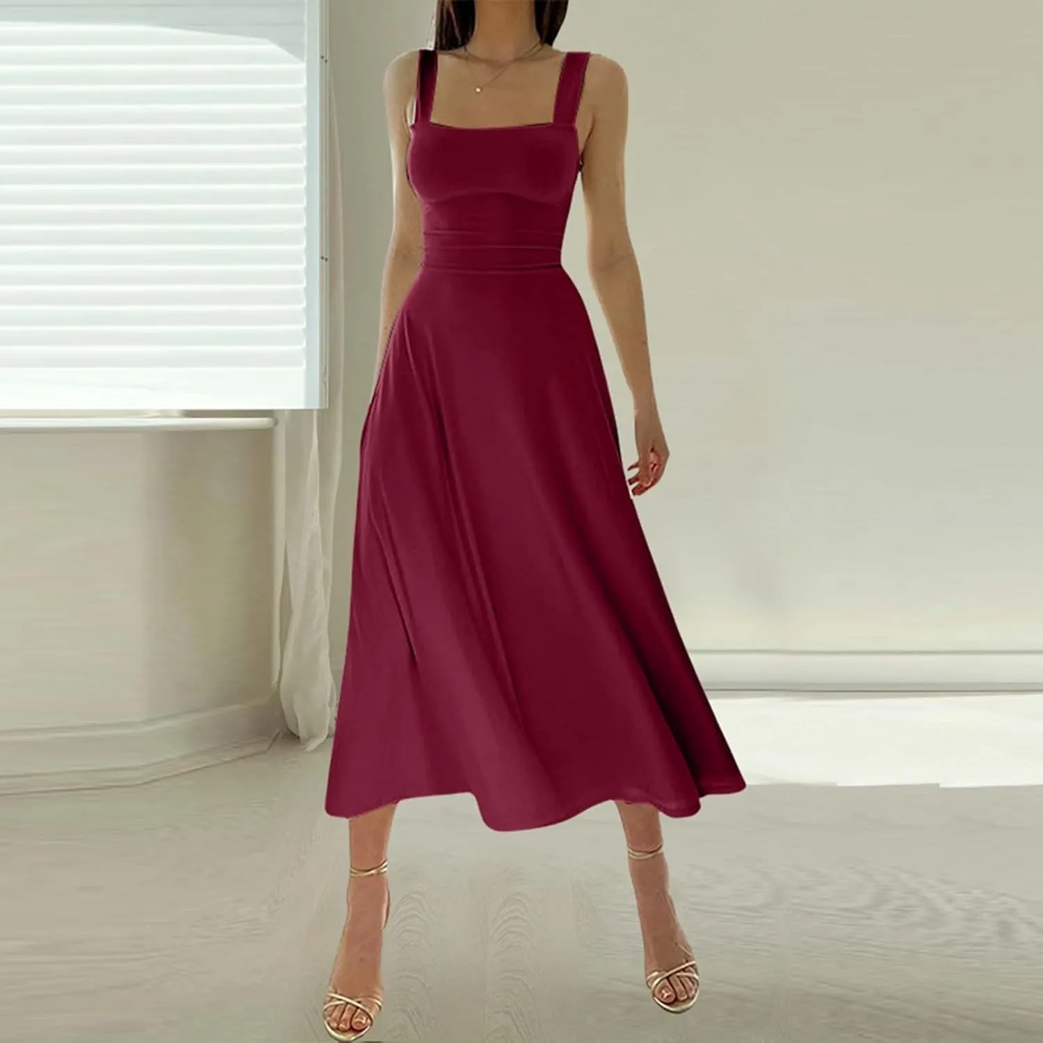 Womens Sleeveless V Neck Dress with Pocket Summer Beach Midi Flared Tank Dress Flowy Long Dress Beach Swing Party Maxi Dress