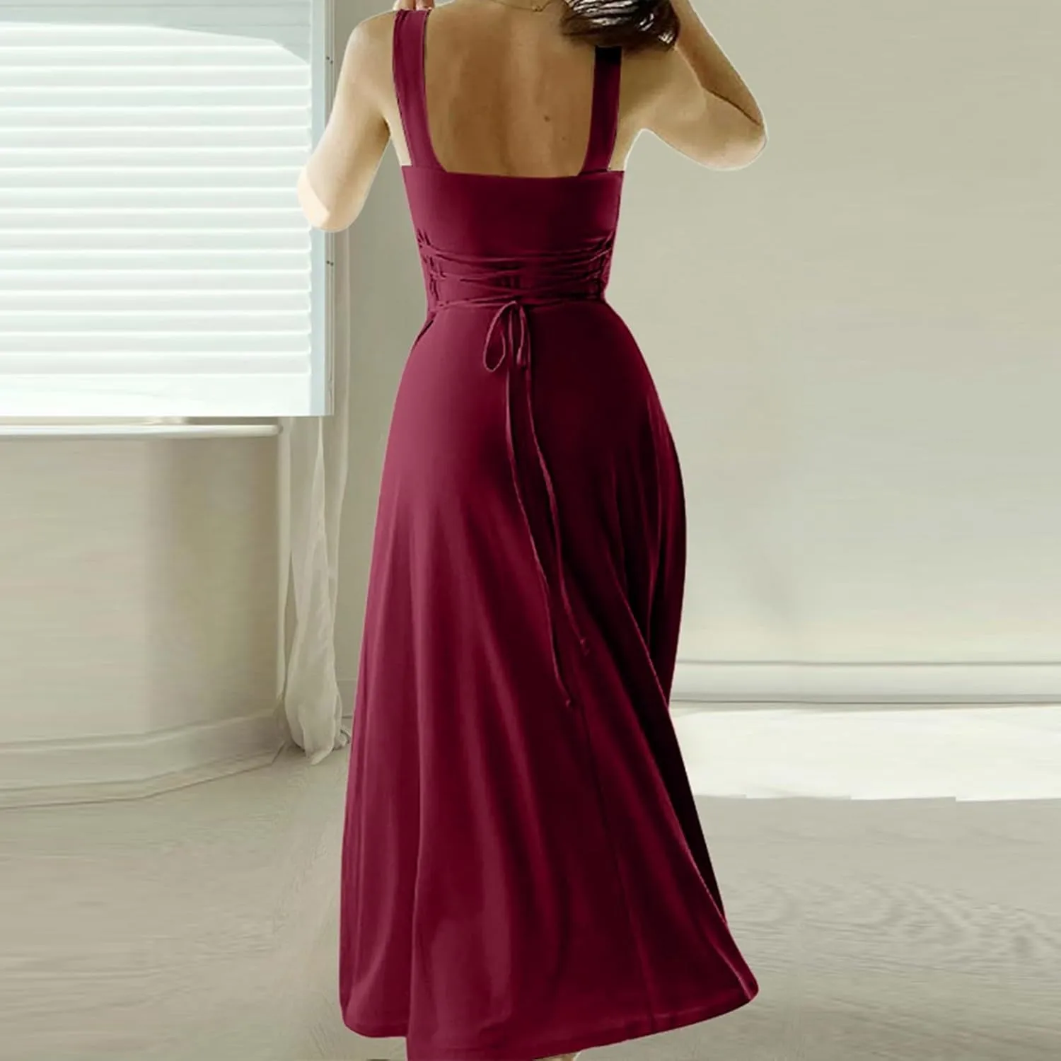 Womens Sleeveless V Neck Dress with Pocket Summer Beach Midi Flared Tank Dress Flowy Long Dress Beach Swing Party Maxi Dress