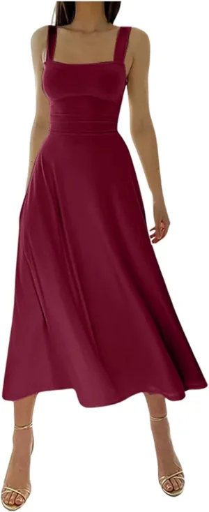 Womens Sleeveless V Neck Dress with Pocket Summer Beach Midi Flared Tank Dress Flowy Long Dress Beach Swing Party Maxi Dress