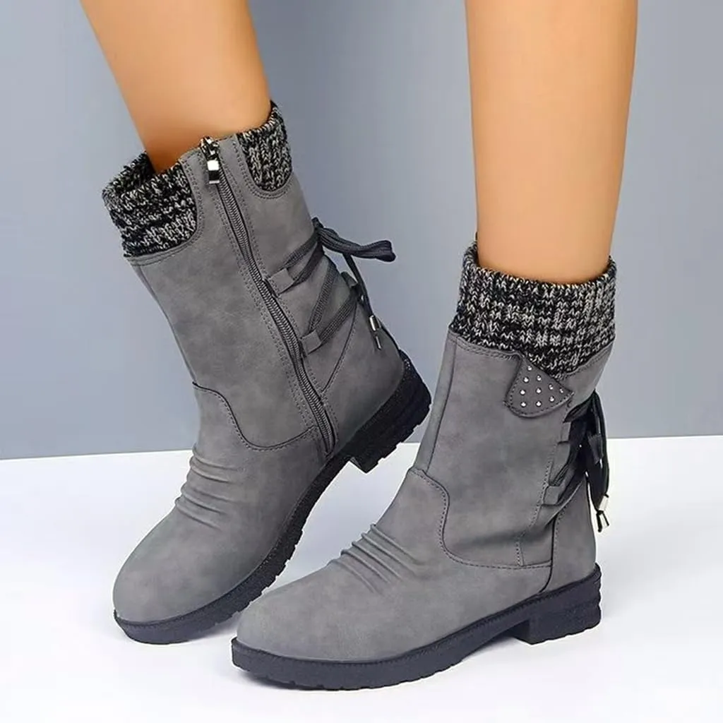 Women's Snow Boots Winter Warm Round Toe Lace Up Boot Western Platform Cowboy Boots Hiking Booties Non Slip Outdoor Mid Calf Boots Shoes