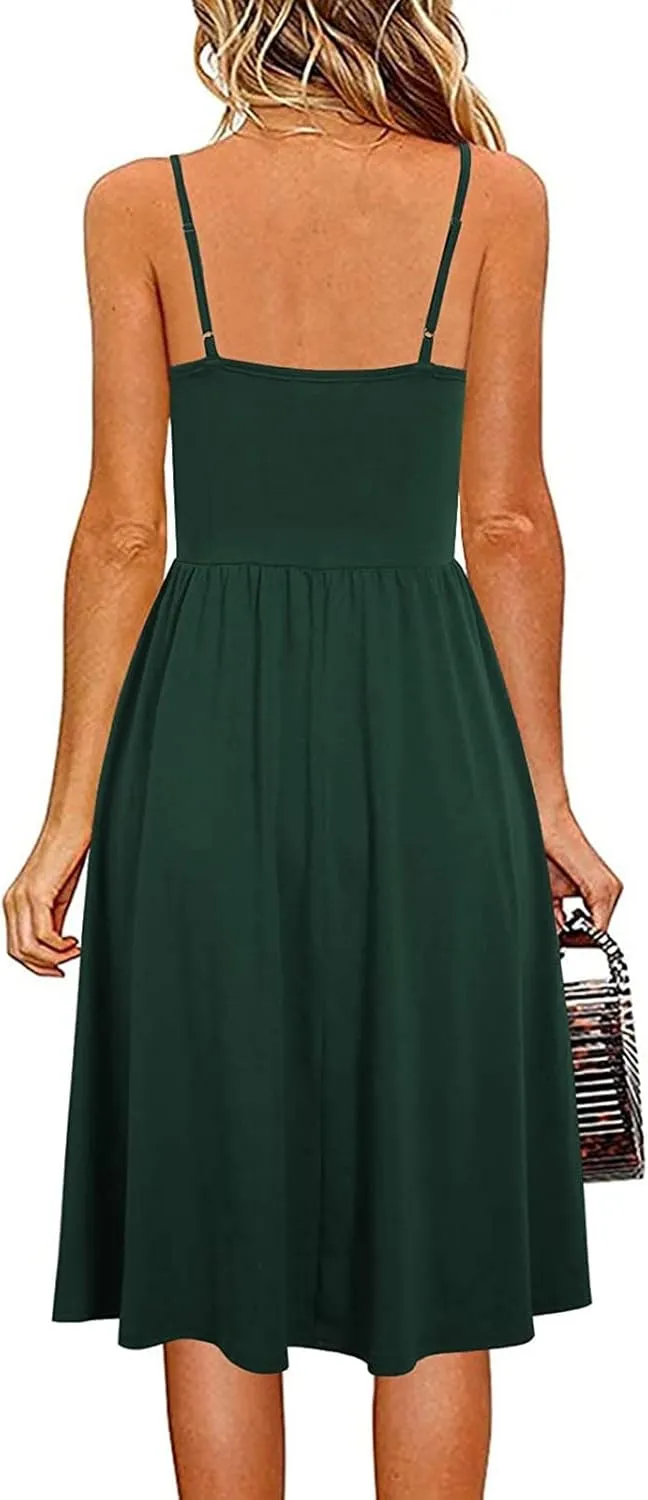 Womens Spaghetti Strap Summer Dress Sleeveless V Neck Sundress Pleated A Line Midi Dress Sexy Beach Vacation Outfits