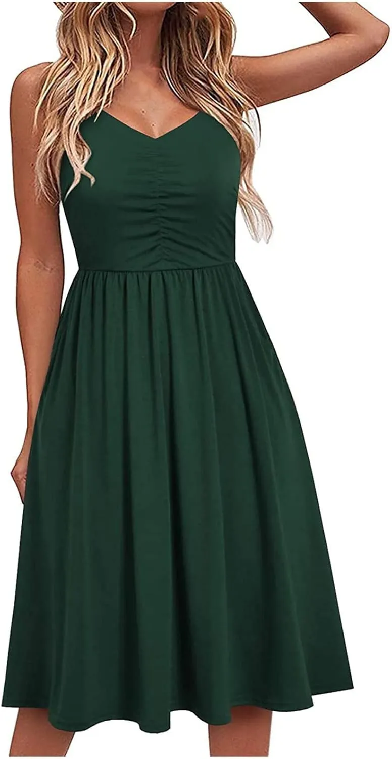 Womens Spaghetti Strap Summer Dress Sleeveless V Neck Sundress Pleated A Line Midi Dress Sexy Beach Vacation Outfits