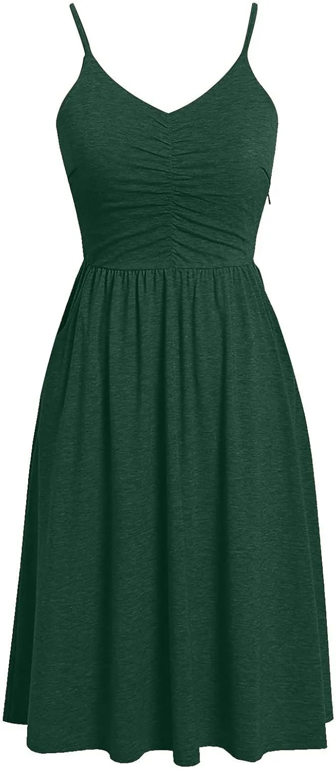 Womens Spaghetti Strap Summer Dress Sleeveless V Neck Sundress Pleated A Line Midi Dress Sexy Beach Vacation Outfits