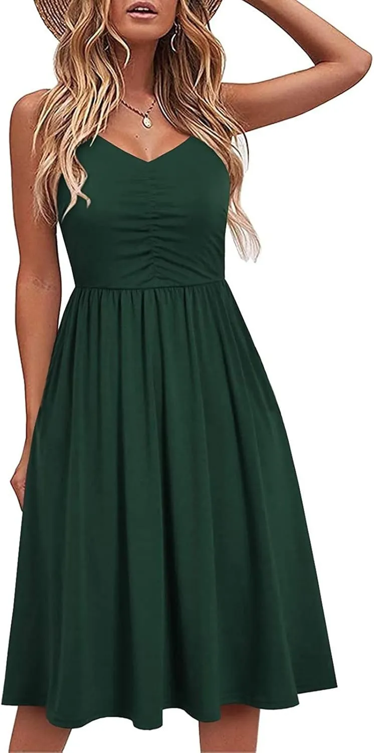 Womens Spaghetti Strap Summer Dress Sleeveless V Neck Sundress Pleated A Line Midi Dress Sexy Beach Vacation Outfits