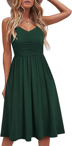 Womens Spaghetti Strap Summer Dress Sleeveless V Neck Sundress Pleated A Line Midi Dress Sexy Beach Vacation Outfits