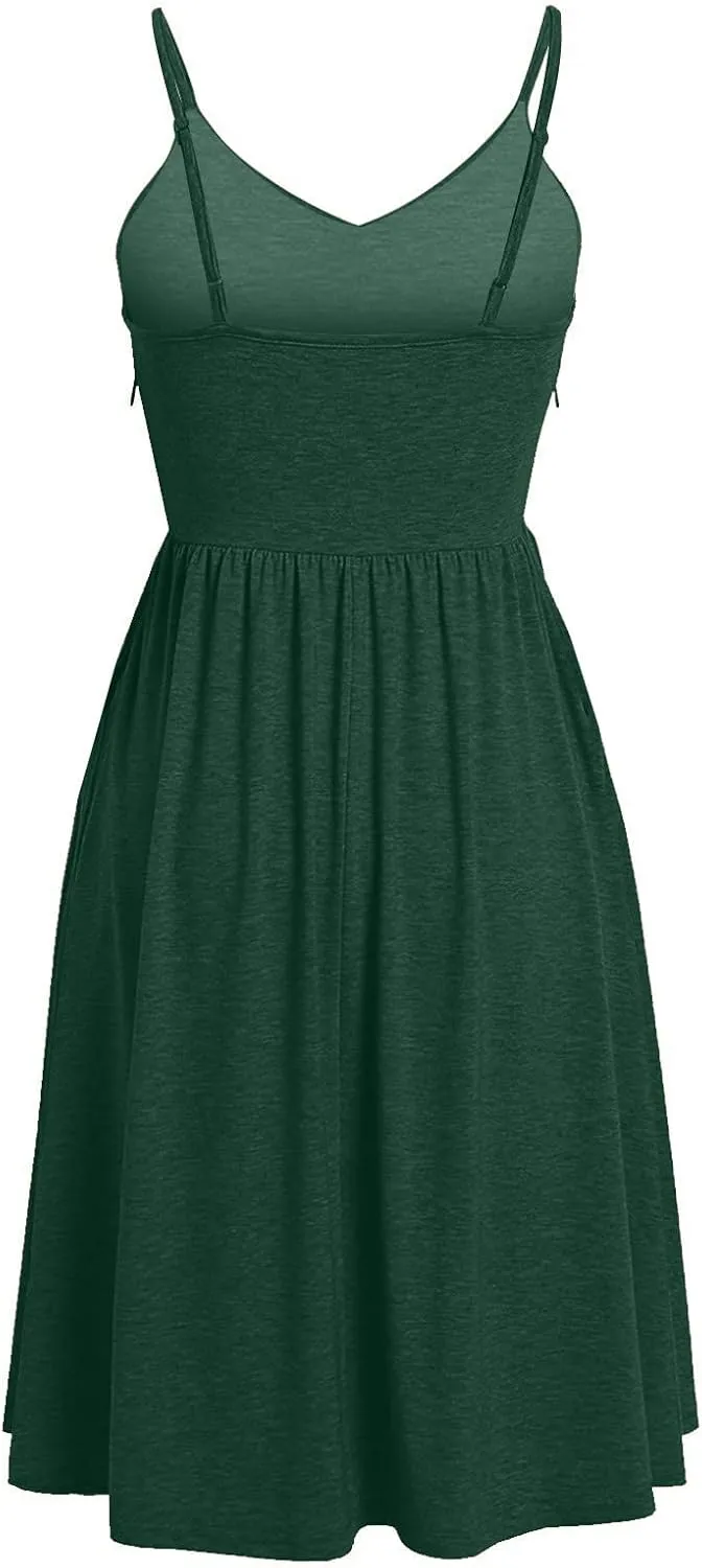 Womens Spaghetti Strap Summer Dress Sleeveless V Neck Sundress Pleated A Line Midi Dress Sexy Beach Vacation Outfits