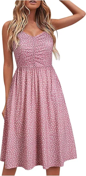 Womens Spaghetti Strap Summer Dress Sleeveless V Neck Sundress Pleated A Line Midi Dress Sexy Beach Vacation Outfits