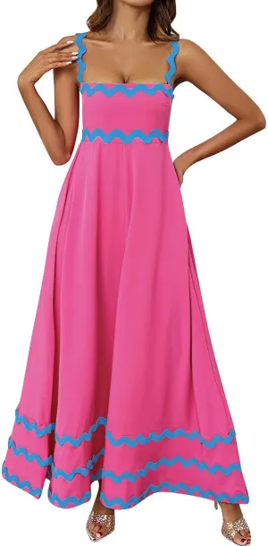 Womens Spring Maxi Dress Fit and Flare Square Neck Long Flowy Dress Sundress Spaghetti Strap Vacation Maxi Dresses