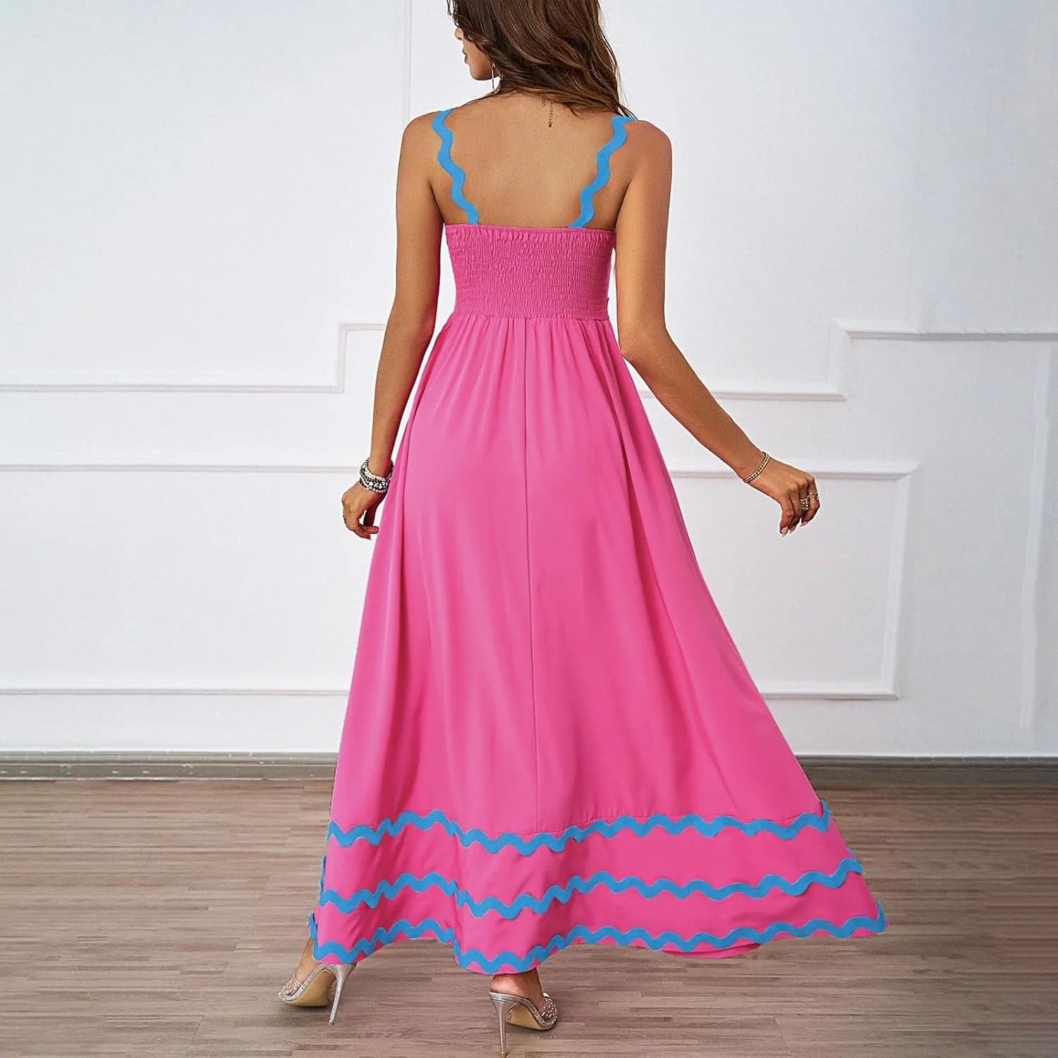 Womens Spring Maxi Dress Fit and Flare Square Neck Long Flowy Dress Sundress Spaghetti Strap Vacation Maxi Dresses