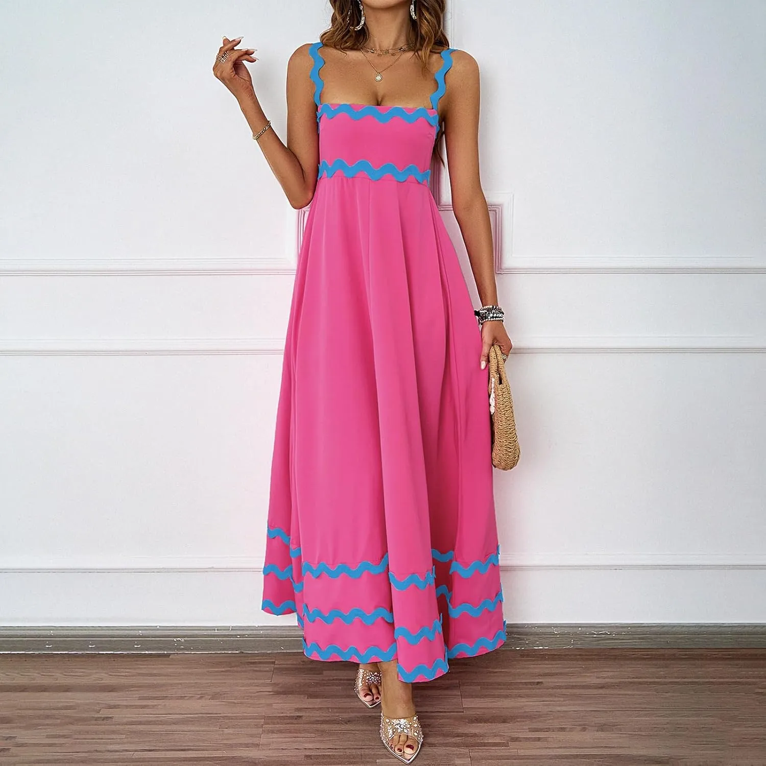 Womens Spring Maxi Dress Fit and Flare Square Neck Long Flowy Dress Sundress Spaghetti Strap Vacation Maxi Dresses