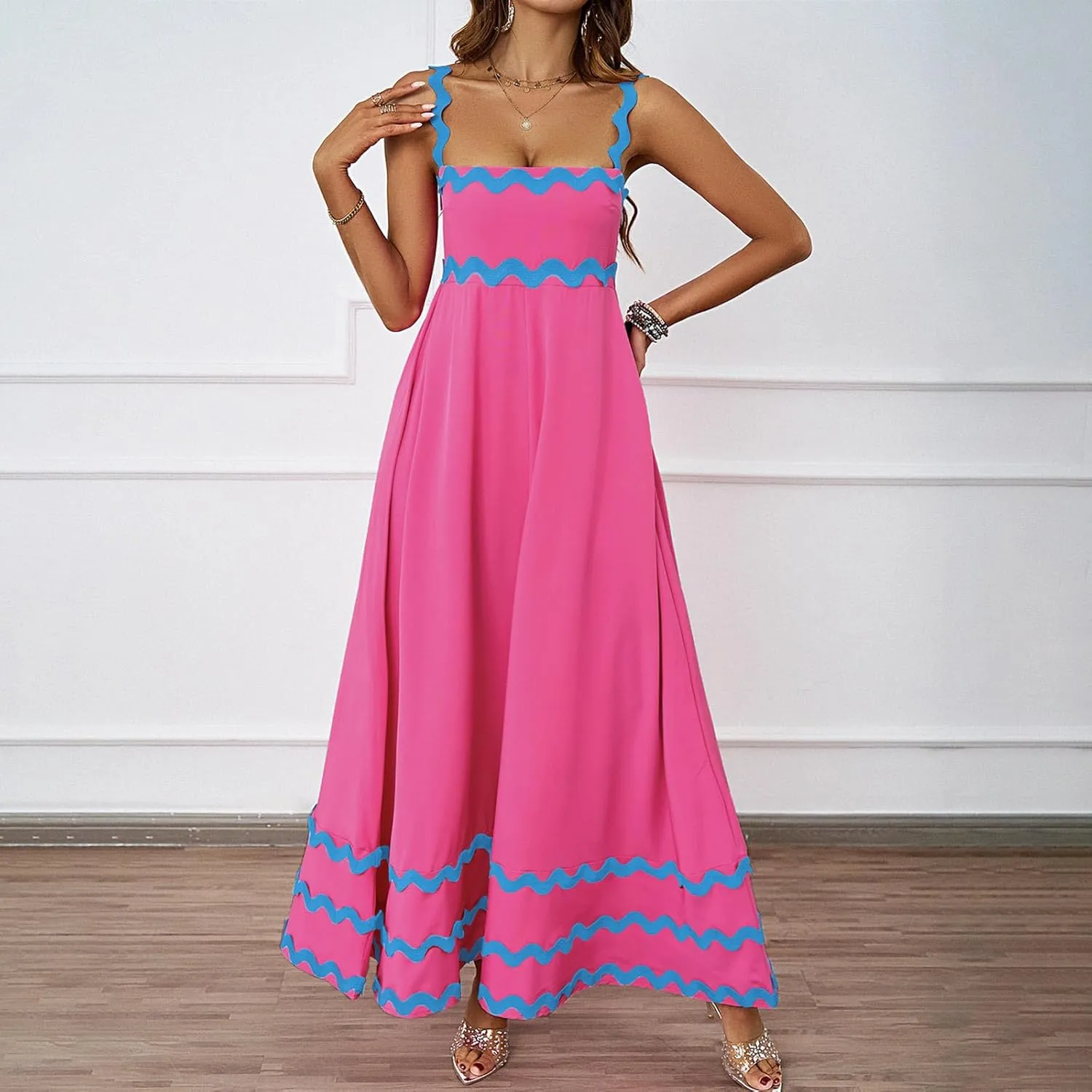 Womens Spring Maxi Dress Fit and Flare Square Neck Long Flowy Dress Sundress Spaghetti Strap Vacation Maxi Dresses