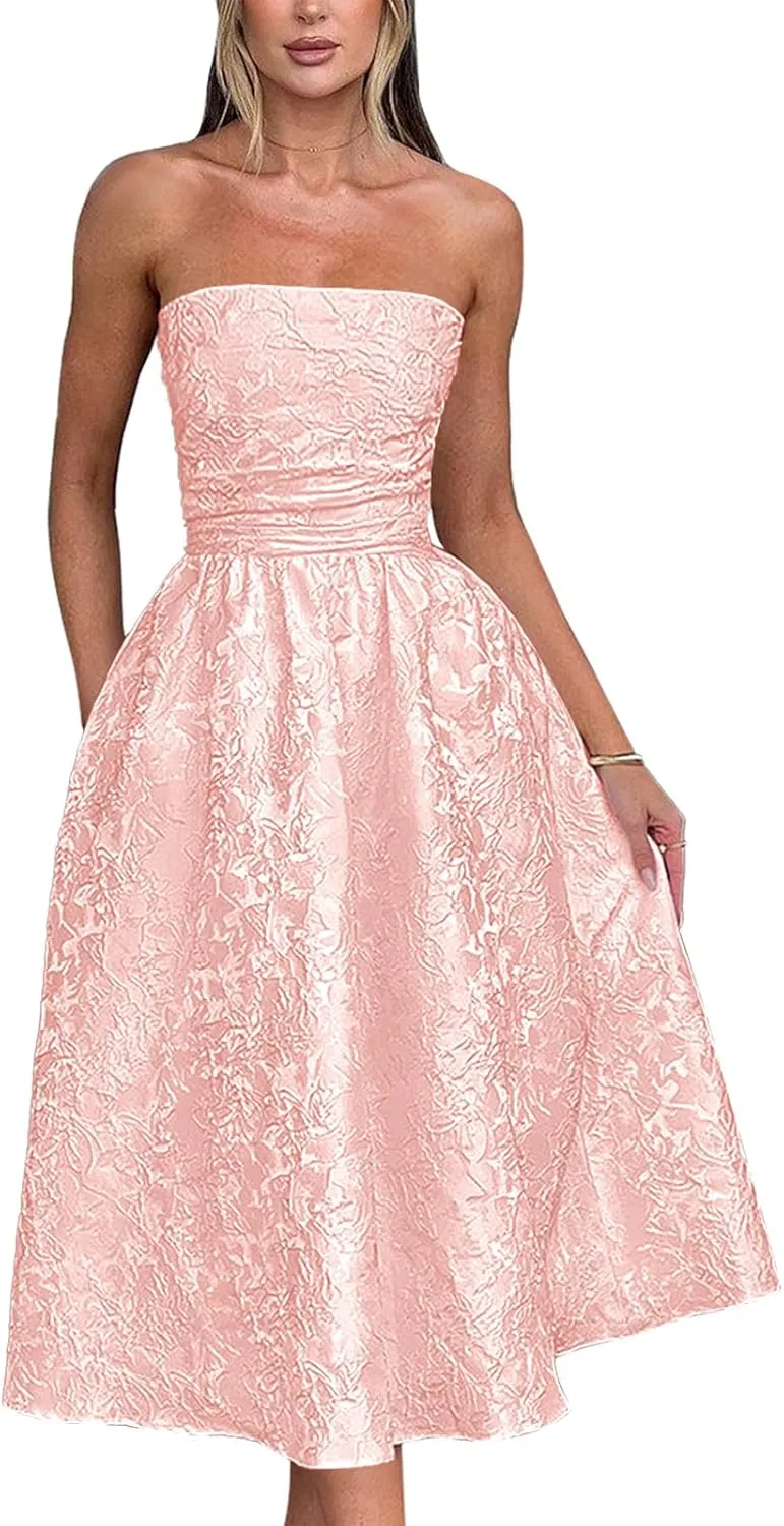 Women's Strapless Satin Prom Dresses 2024 A-line Floral Embroidery Midi Formal Evening Party Gown with Pockets