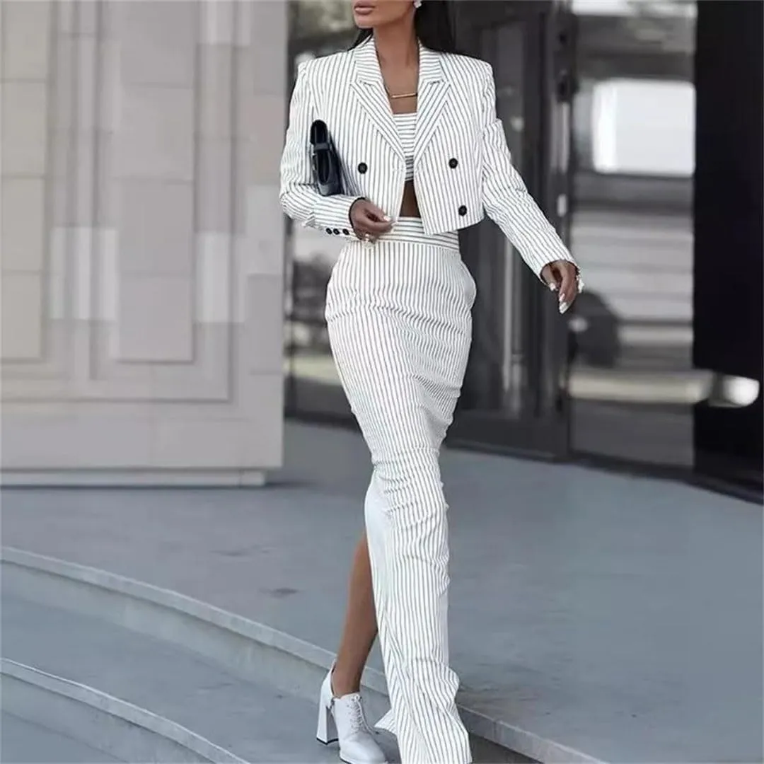 Women's Striped Slim Fit Suit Double Breasted Turn-Down Collar Blazer High Waist Slit Skirt Suit