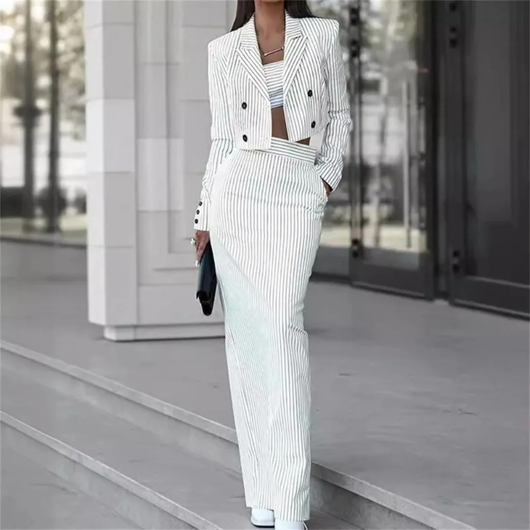 Women's Striped Slim Fit Suit Double Breasted Turn-Down Collar Blazer High Waist Slit Skirt Suit