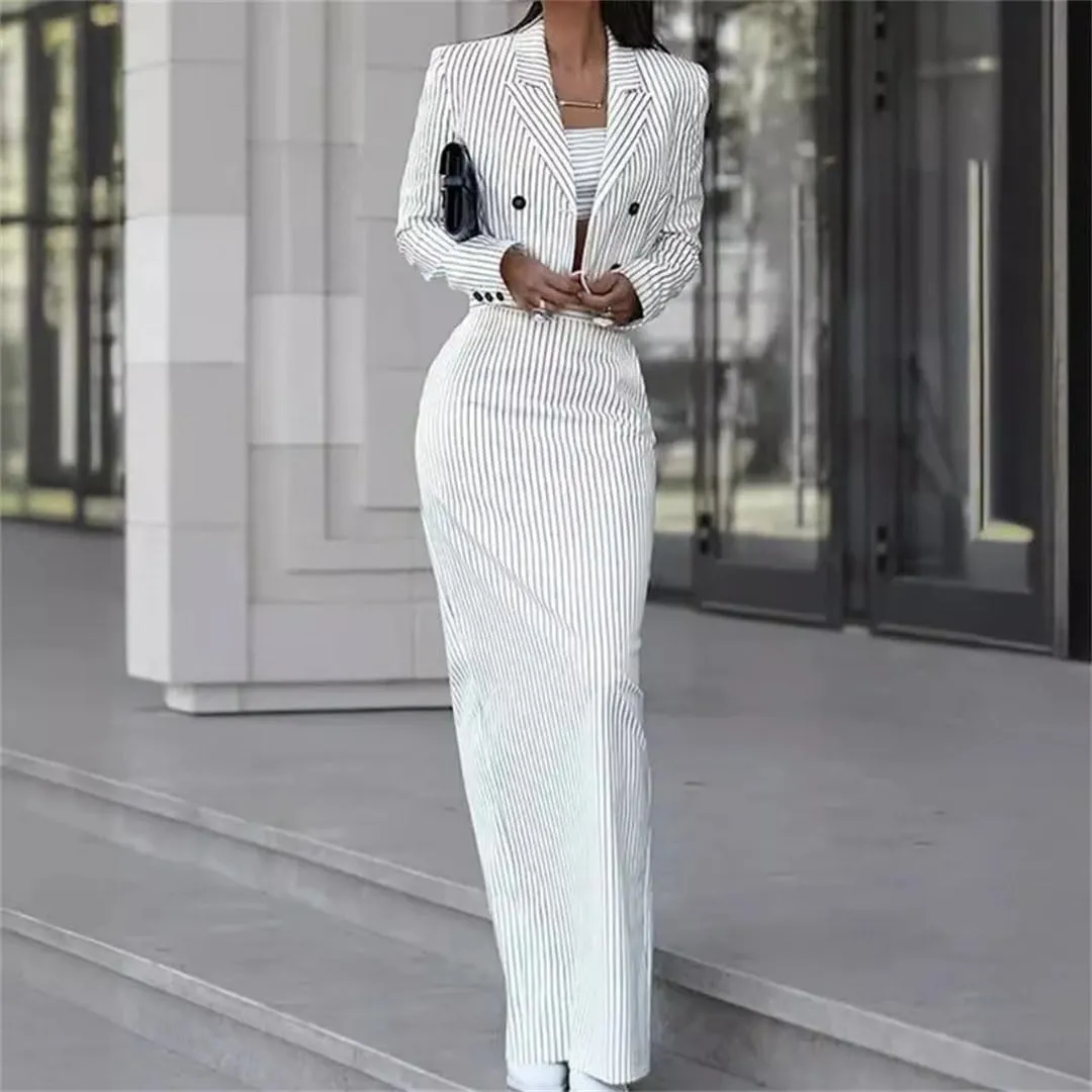 Women's Striped Slim Fit Suit Double Breasted Turn-Down Collar Blazer High Waist Slit Skirt Suit