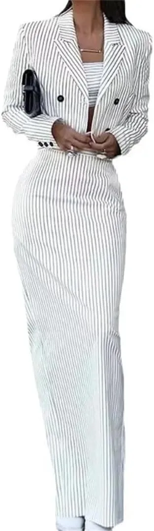 Women's Striped Slim Fit Suit Double Breasted Turn-Down Collar Blazer High Waist Slit Skirt Suit