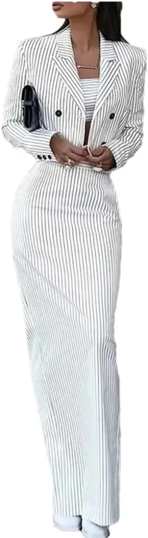 Women's Striped Slim Fit Suit Double Breasted Turn-Down Collar Blazer High Waist Slit Skirt Suit