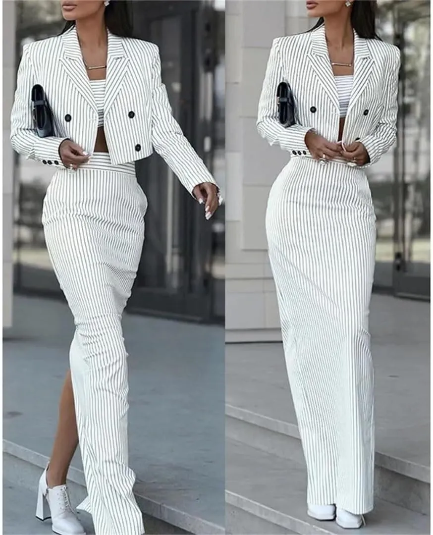 Women's Striped Slim Fit Suit Double Breasted Turn-Down Collar Blazer High Waist Slit Skirt Suit