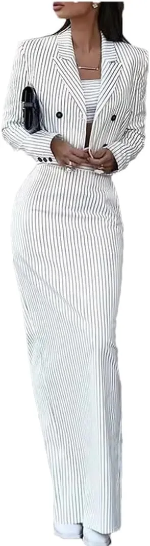 Women's Striped Slim Fit Suit Double Breasted Turn-Down Collar Blazer High Waist Slit Skirt Suit