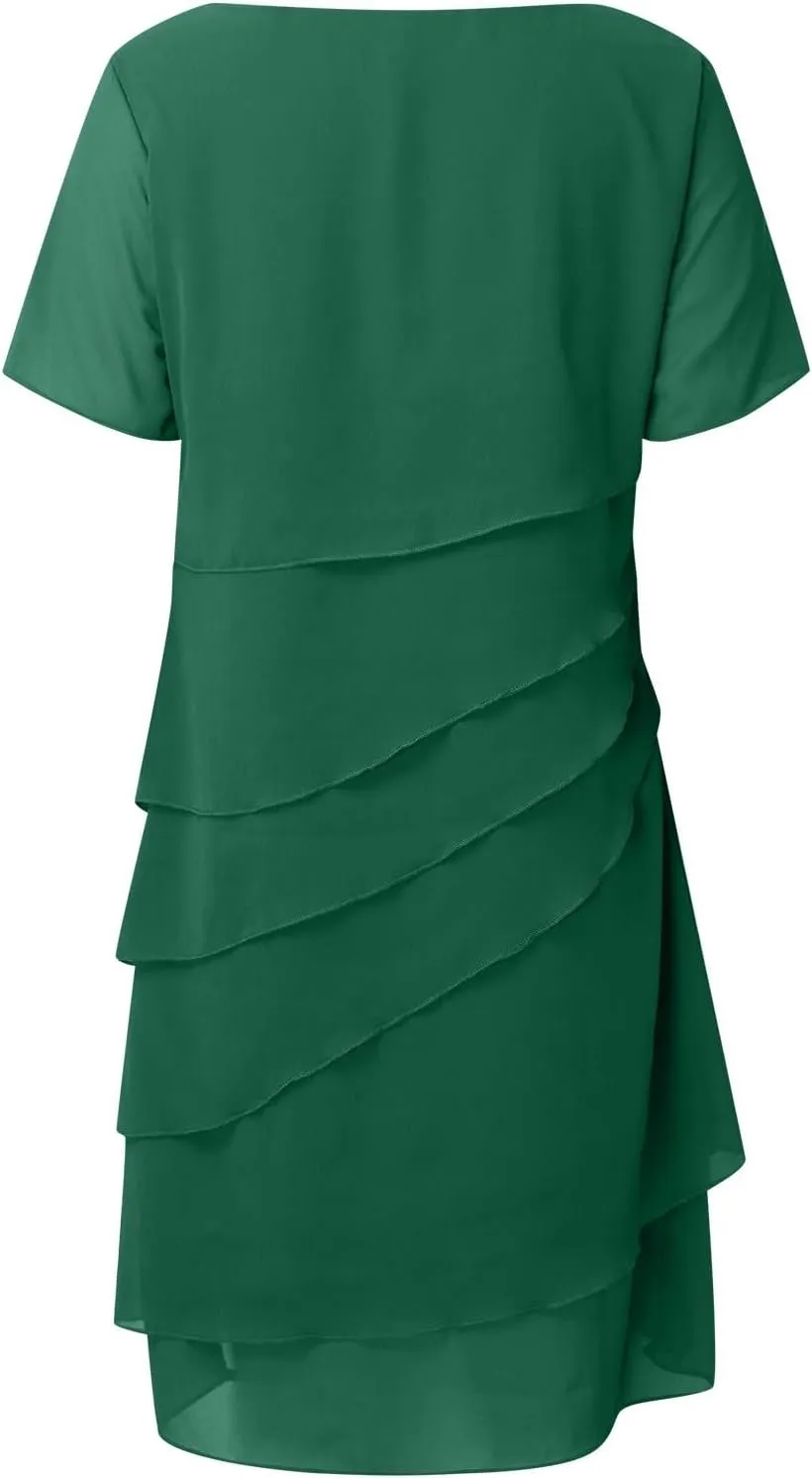 Women's Summer 2025 Midi Dress Chiffon Ruffle Short Sleeve Casual Floral Print Long Flowy Dresses Beach Sundress