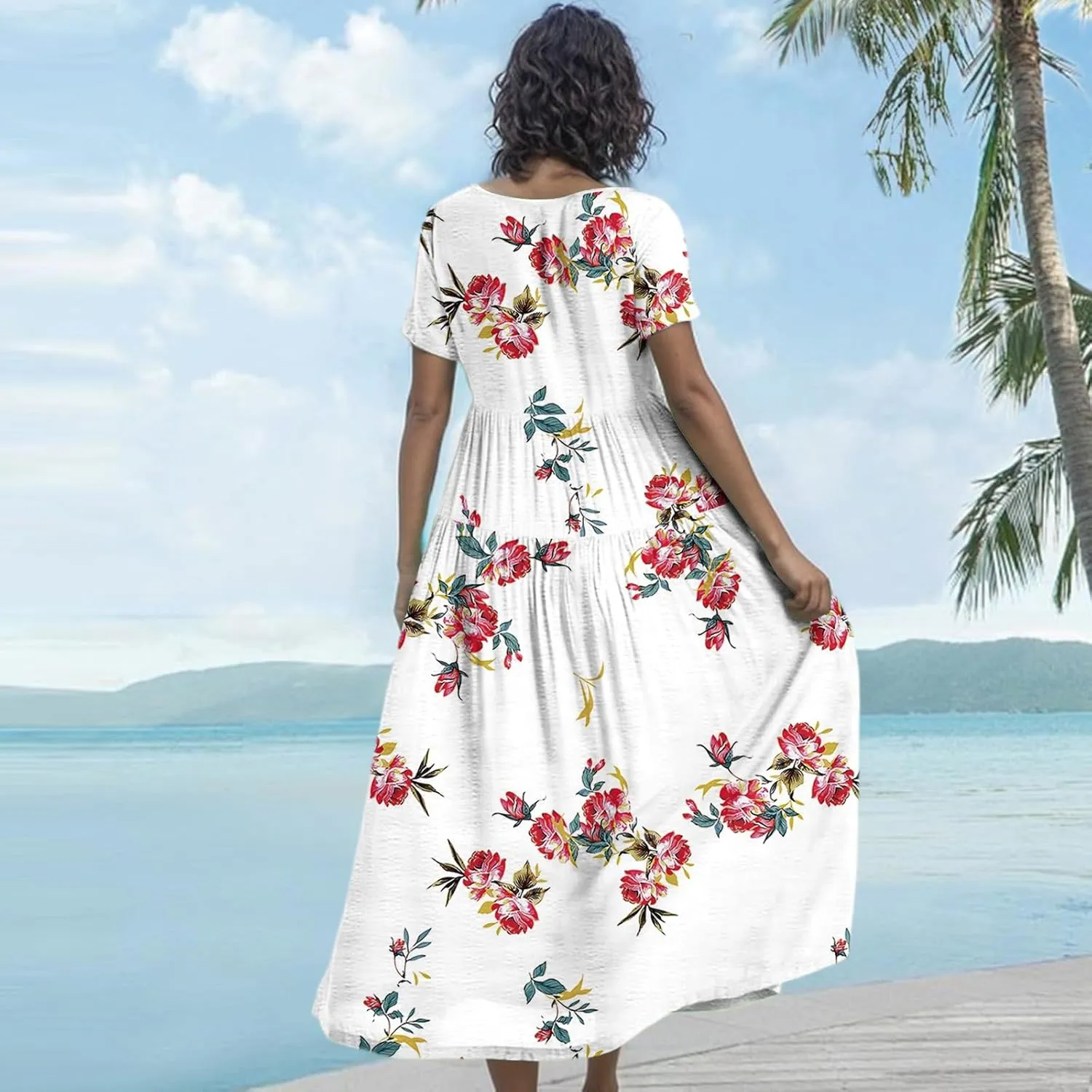 Women's Summer Bohemian Floral Pattern A Line Short Sleeve High Neck Strapless Pleated Swing Vacation Midi Dresses