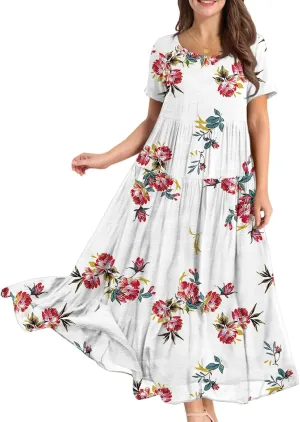 Women's Summer Bohemian Floral Pattern A Line Short Sleeve High Neck Strapless Pleated Swing Vacation Midi Dresses