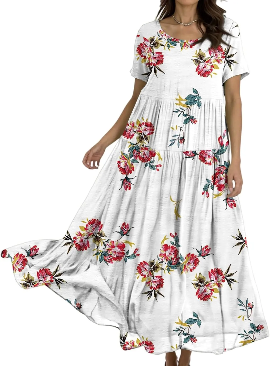 Women's Summer Bohemian Floral Pattern A Line Short Sleeve High Neck Strapless Pleated Swing Vacation Midi Dresses