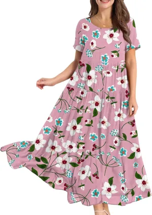 Women's Summer Bohemian Floral Pattern A Line Short Sleeve High Neck Strapless Pleated Swing Vacation Midi Dresses