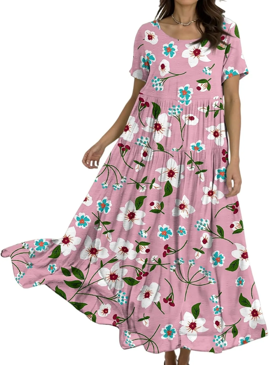 Women's Summer Bohemian Floral Pattern A Line Short Sleeve High Neck Strapless Pleated Swing Vacation Midi Dresses
