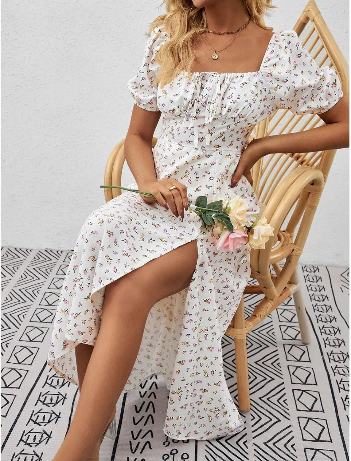 Women's Summer Casual Floral Print Short Sleeve Square Neck Split Maxi Dresses