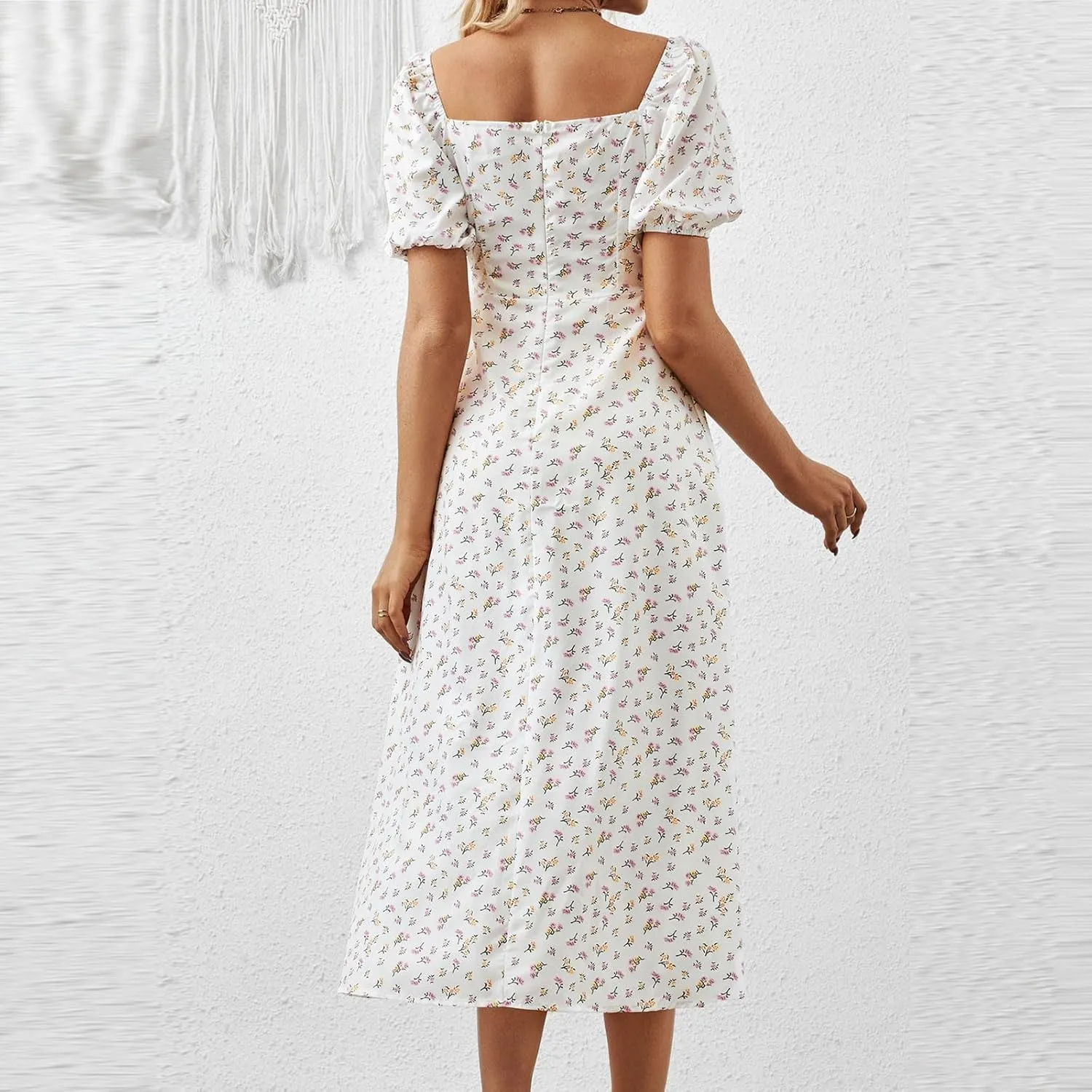 Women's Summer Casual Floral Print Short Sleeve Square Neck Split Maxi Dresses