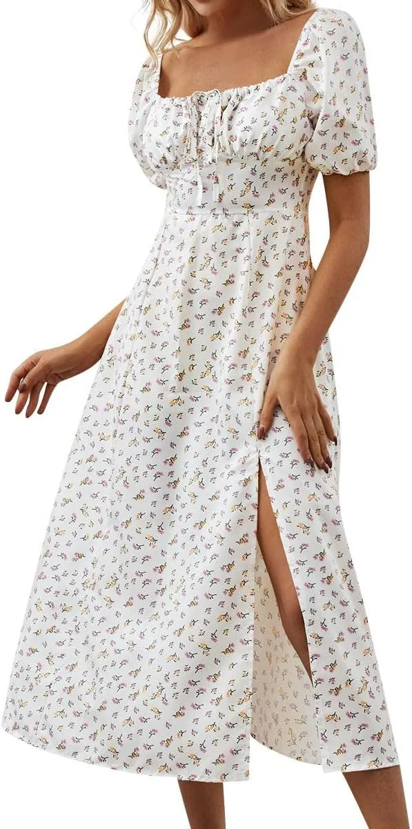 Women's Summer Casual Floral Print Short Sleeve Square Neck Split Maxi Dresses