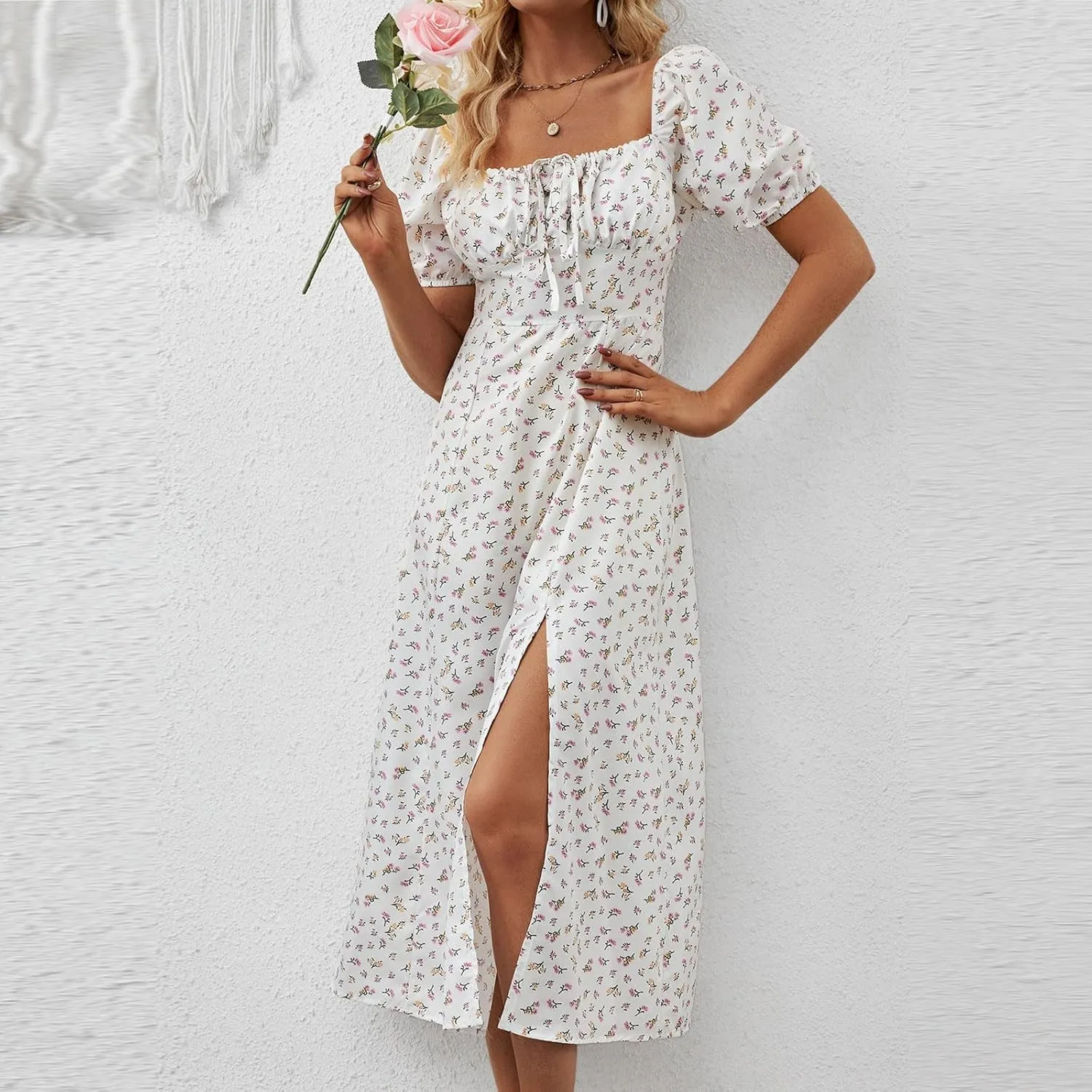 Women's Summer Casual Floral Print Short Sleeve Square Neck Split Maxi Dresses