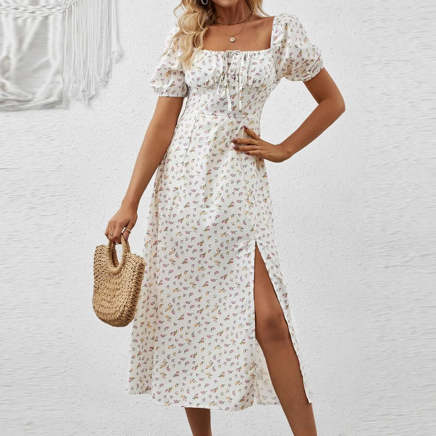 Women's Summer Casual Floral Print Short Sleeve Square Neck Split Maxi Dresses