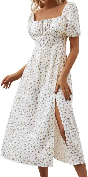 Women's Summer Casual Floral Print Short Sleeve Square Neck Split Maxi Dresses