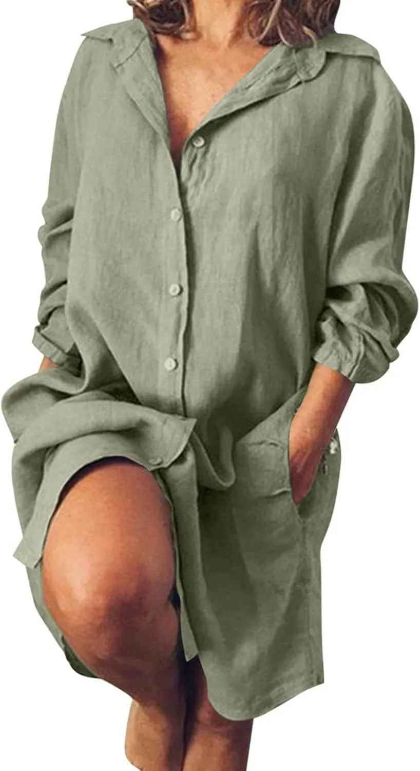 Women's Summer Cotton Half Sleeves Button Down Casual Loose Slit Midi Dress with Pockets Cotton Maxi Shirt Button Down Dress