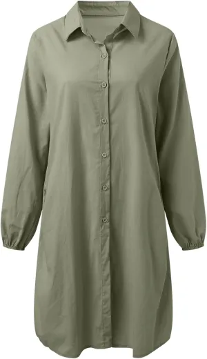 Women's Summer Cotton Half Sleeves Button Down Casual Loose Slit Midi Dress with Pockets Cotton Maxi Shirt Button Down Dress