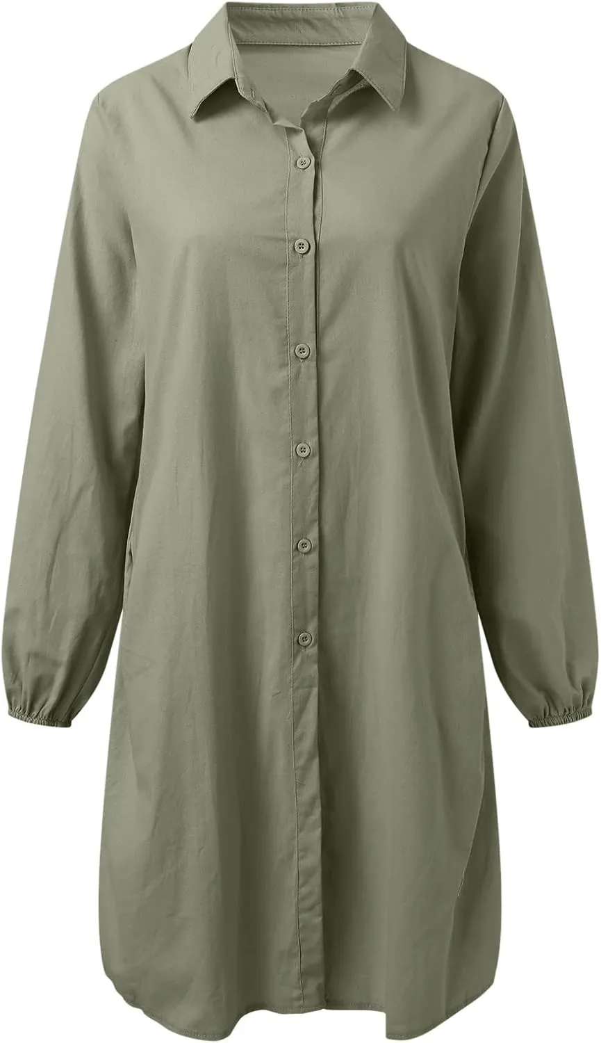 Women's Summer Cotton Half Sleeves Button Down Casual Loose Slit Midi Dress with Pockets Cotton Maxi Shirt Button Down Dress