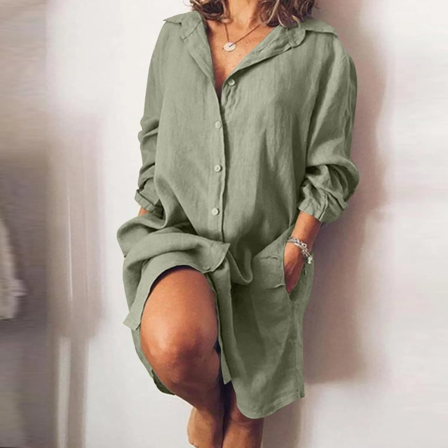 Women's Summer Cotton Half Sleeves Button Down Casual Loose Slit Midi Dress with Pockets Cotton Maxi Shirt Button Down Dress