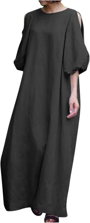 Womens Summer Cotton Linen Dress Short Sleeve Casual Flowy Swing Long Beach Dress Solid Comfy Maxi Dress with Pockets