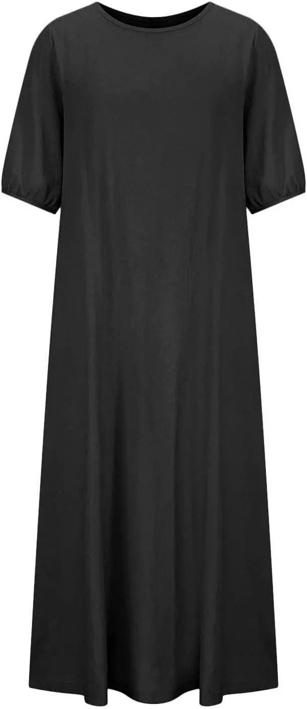 Womens Summer Cotton Linen Dress Short Sleeve Casual Flowy Swing Long Beach Dress Solid Comfy Maxi Dress with Pockets