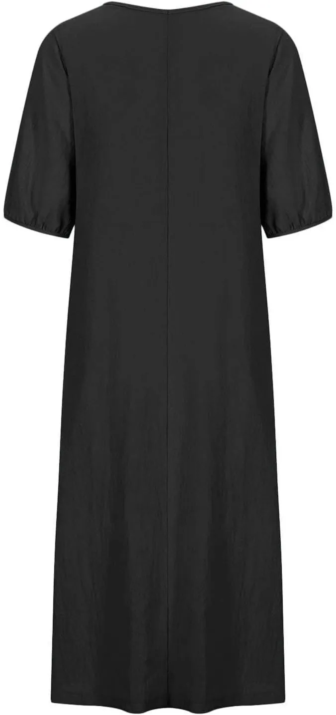 Womens Summer Cotton Linen Dress Short Sleeve Casual Flowy Swing Long Beach Dress Solid Comfy Maxi Dress with Pockets