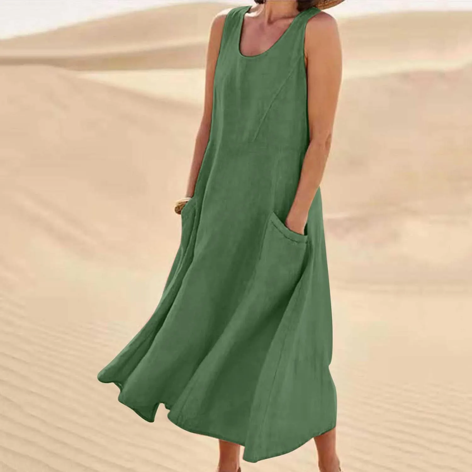 Womens Summer Cotton Linen Dress Sleeveless Scoop Neck Flowy Sundress 2025 Plus Size Loose Comfy Midi Dresses Pockets