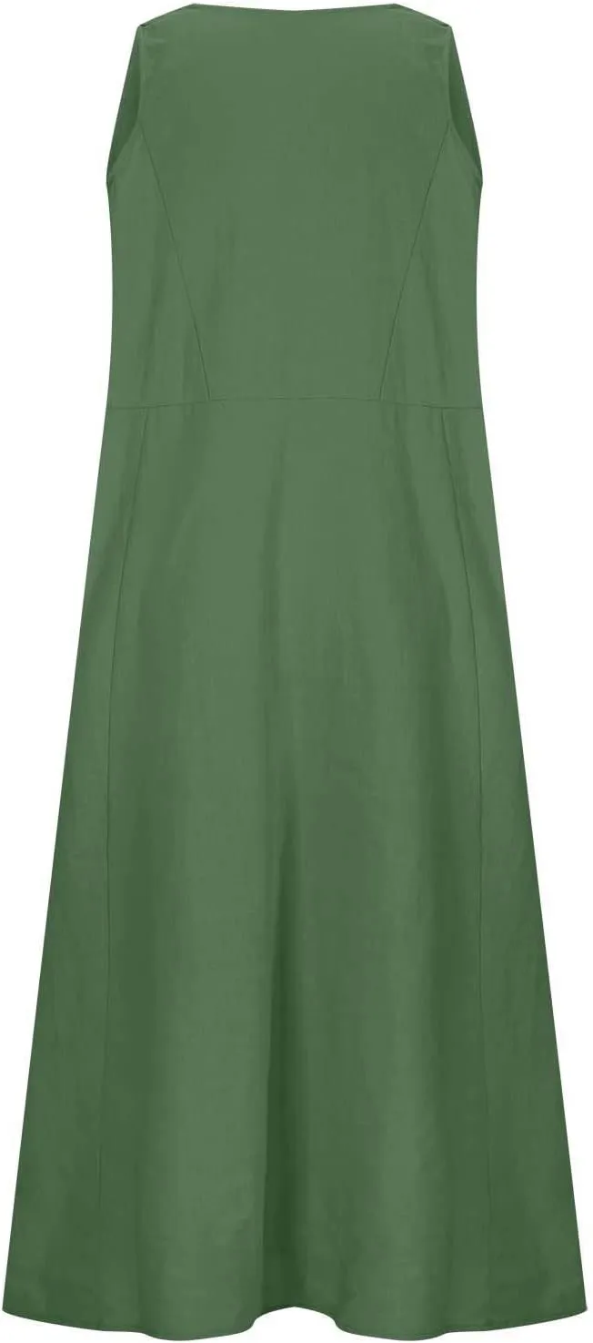 Womens Summer Cotton Linen Dress Sleeveless Scoop Neck Flowy Sundress 2025 Plus Size Loose Comfy Midi Dresses Pockets